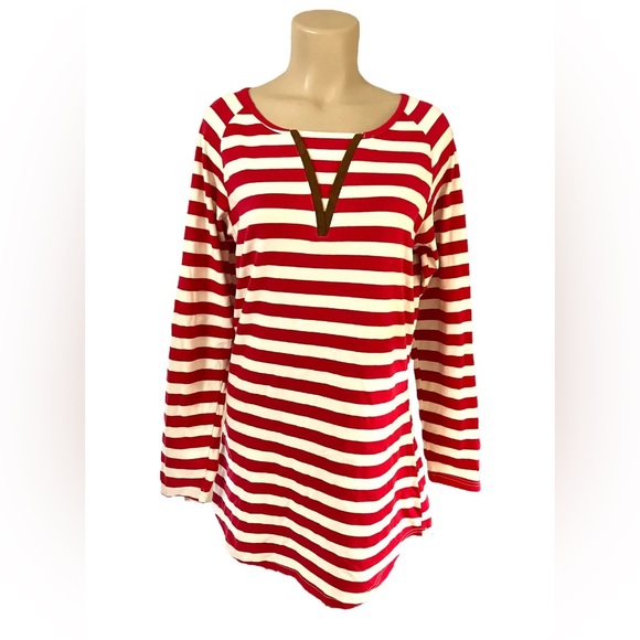 EZ Clothing Red White Striped Top Elbow Patches Size L Long Sleeve Tunic - Picture 6 of 8